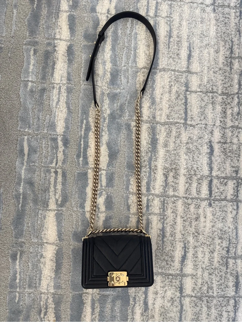 Chanel Black Mini Boy Bag Chevron Quilted Caviar Leather - Light Gold Chain